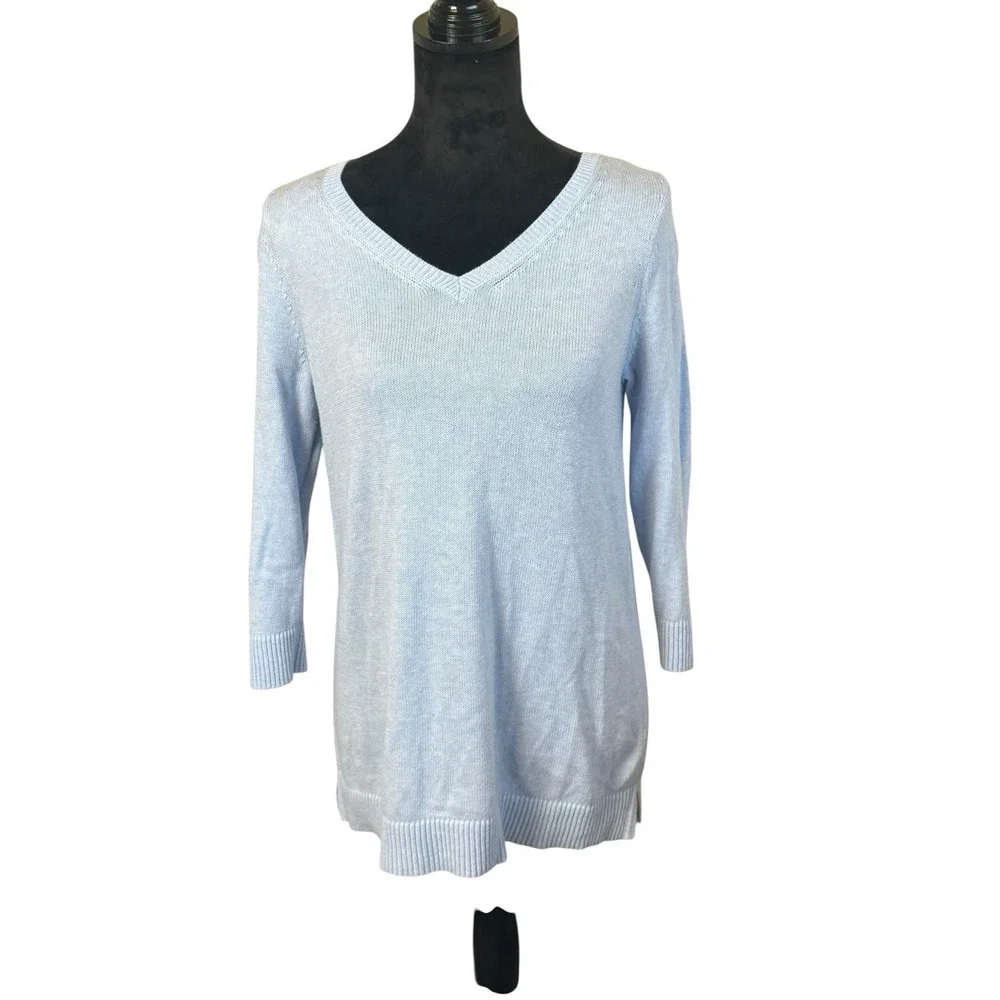 Talbots Double V-Neck Tie Back Sweater Light Blue Small Petite Preppy Coquette‎